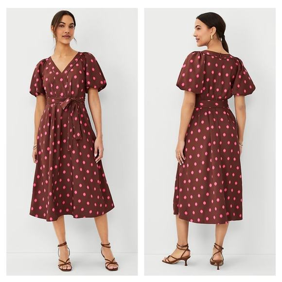 Ann Taylor Dotted Puff Sleeve Belted Flare Dress in Brown Stone Size 14 - Picture 1 of 8